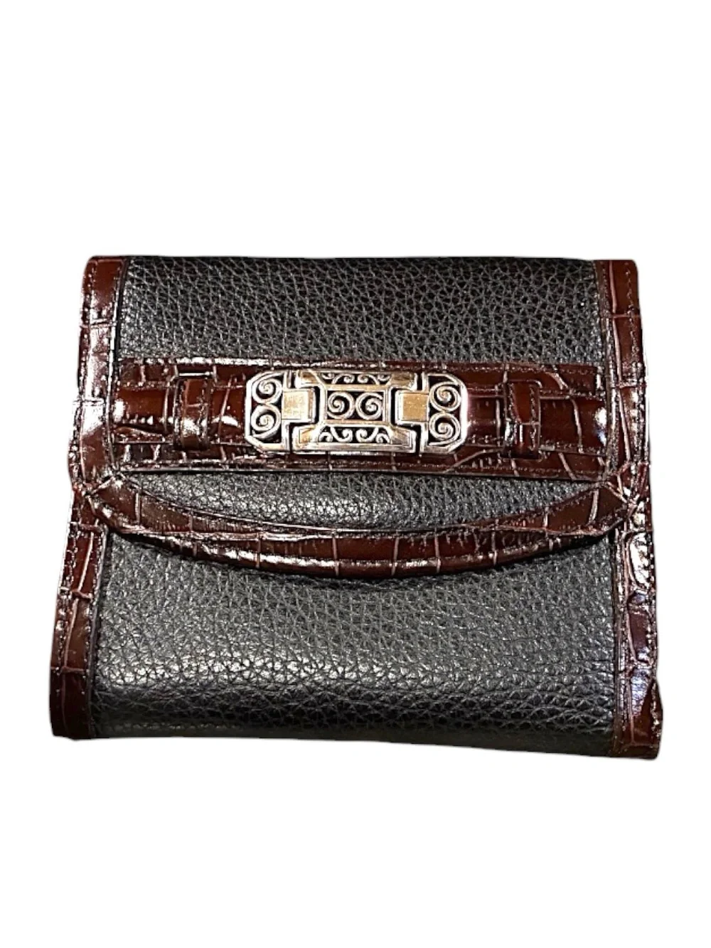 Brighton Black & Brown Leather Organizer Wallet Crossbody | Croc Embossed